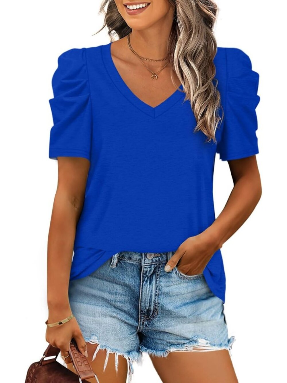 Women's Royal Blue Polyester Blend Puff Sleeve V Neck Pull On Henley Shirts